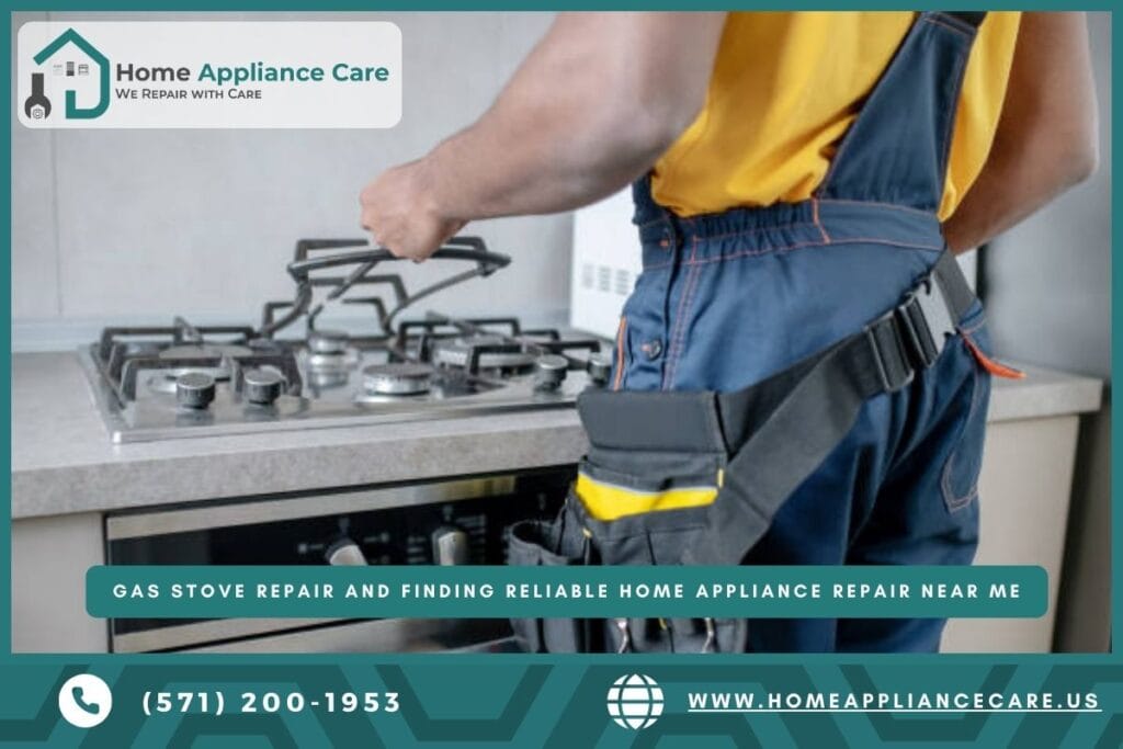 a Home Appliance Care technician holding a gas stove