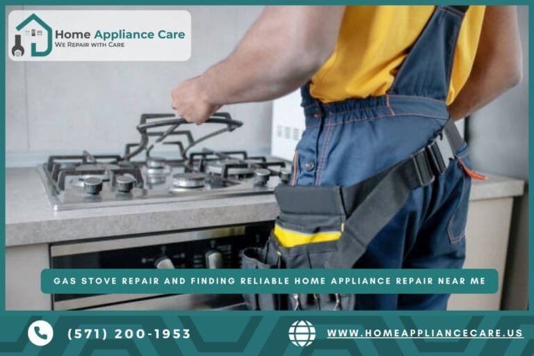 a Home Appliance Care technician holding a gas stove