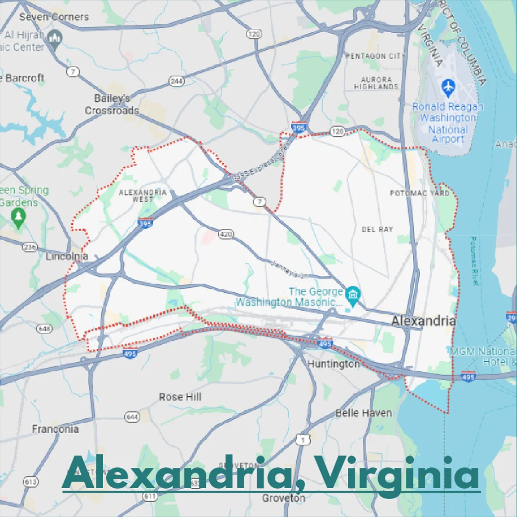 The map is showing the location of Alexandria, Virginia, where Home Appliance Care serves.
