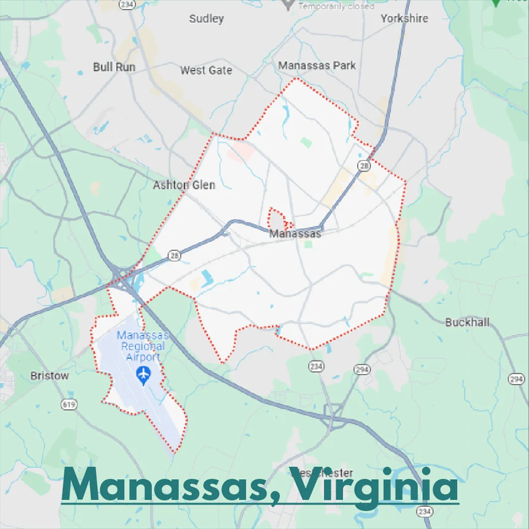 The map is showing the location of Manassas, Virginia, where Home Appliance Care serves. - Appliance Repair in Manassas