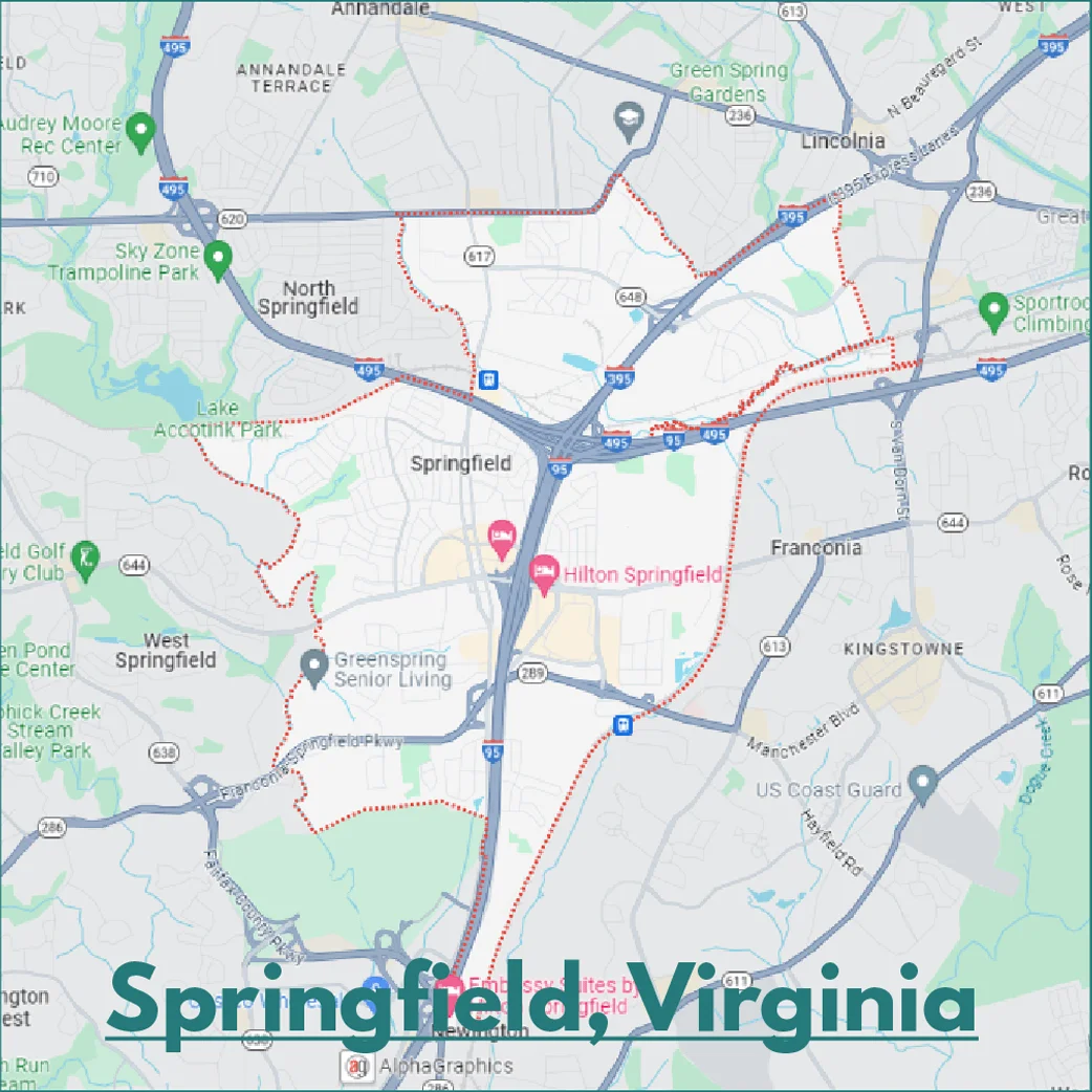 The map is showing the location of Springfield, Virginia, where Home Appliance Care serves.