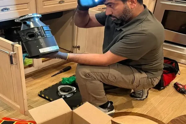 Garbage Disposal Repair Services A technician holding a garbage disposal